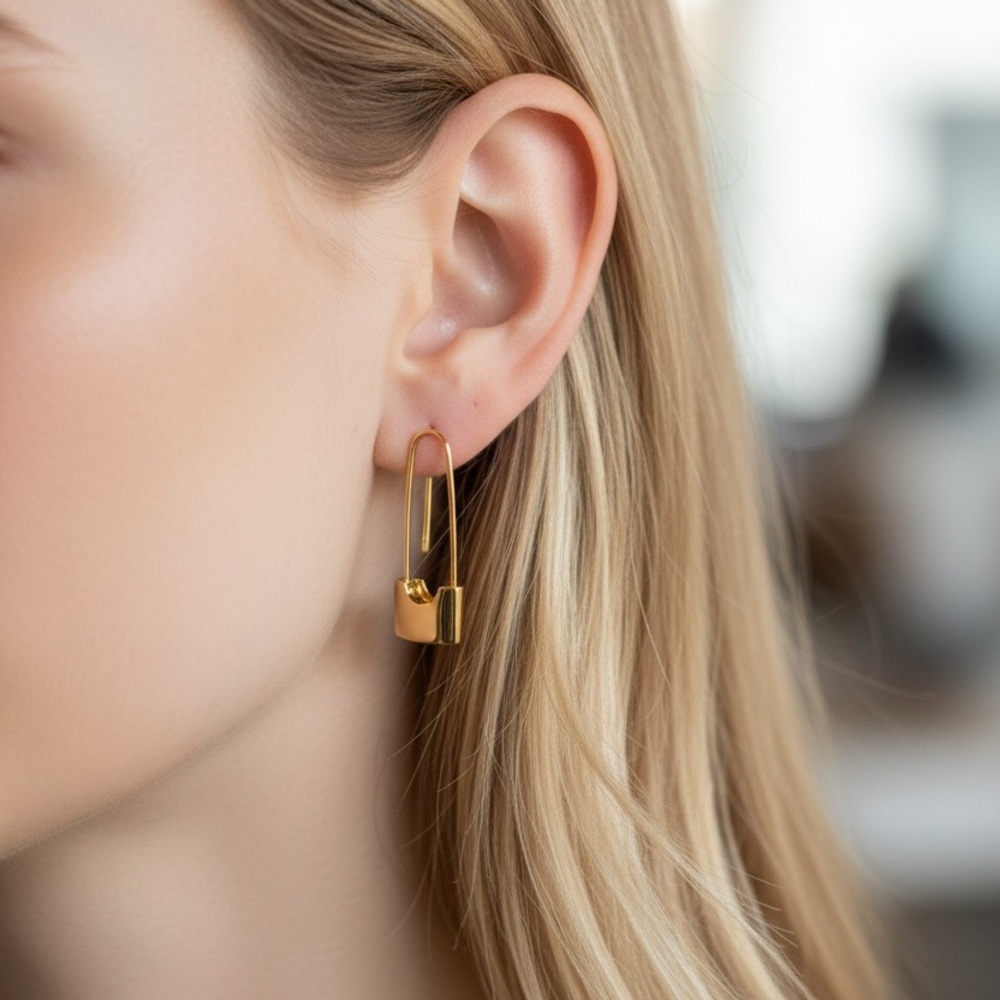 Safety pin  Gold Earrings